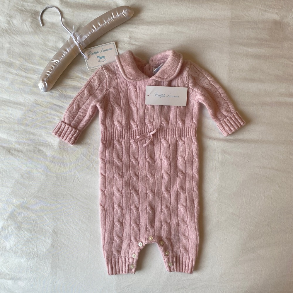 Ralph Lauren Morning Pink Cable Knit Cashmere Coverall Romper 3M NWT